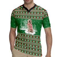 Golden Retriever Christmas Rugby Jersey with Red Scarf Snowflakes and Tree Pattern - Wonder Print Shop