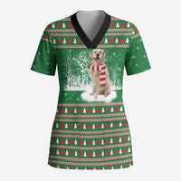 Golden Retriever Christmas Scrub Top with Red Scarf Snowflakes and Tree Pattern - Wonder Print Shop