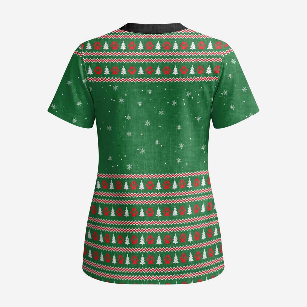 Golden Retriever Christmas Scrub Top with Red Scarf Snowflakes and Tree Pattern - Wonder Print Shop