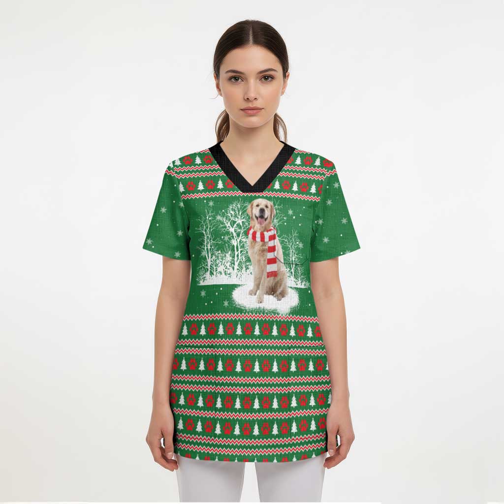Golden Retriever Christmas Scrub Top with Red Scarf Snowflakes and Tree Pattern - Wonder Print Shop