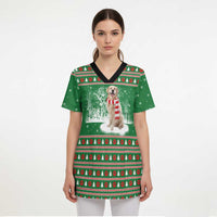 Golden Retriever Christmas Scrub Top with Red Scarf Snowflakes and Tree Pattern - Wonder Print Shop