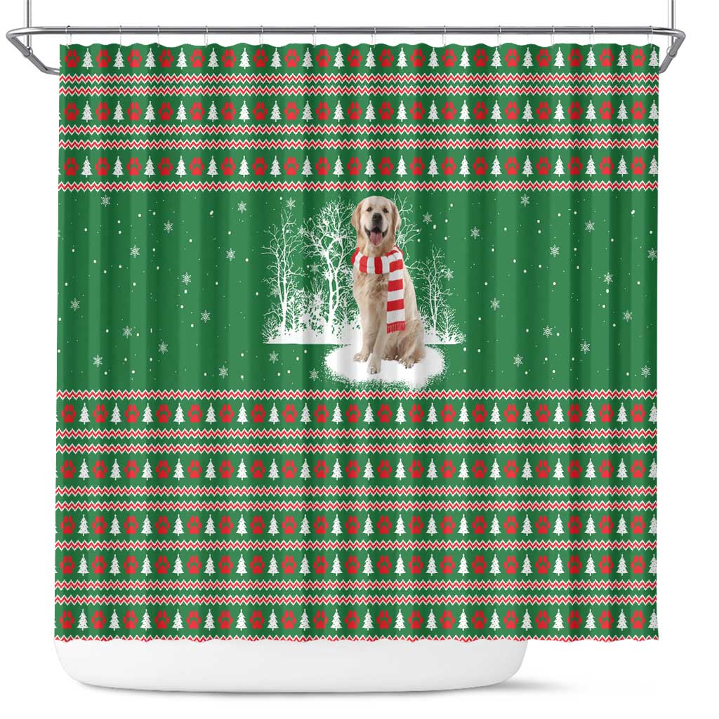 Golden Retriever Christmas Shower Curtain with Red Scarf Snowflakes and Tree Pattern - Wonder Print Shop