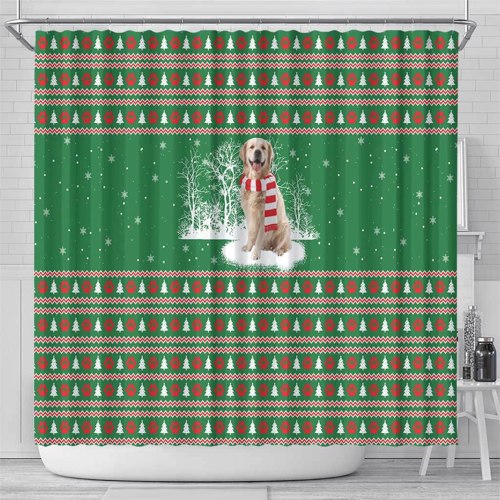 Golden Retriever Christmas Shower Curtain with Red Scarf Snowflakes and Tree Pattern - Wonder Print Shop