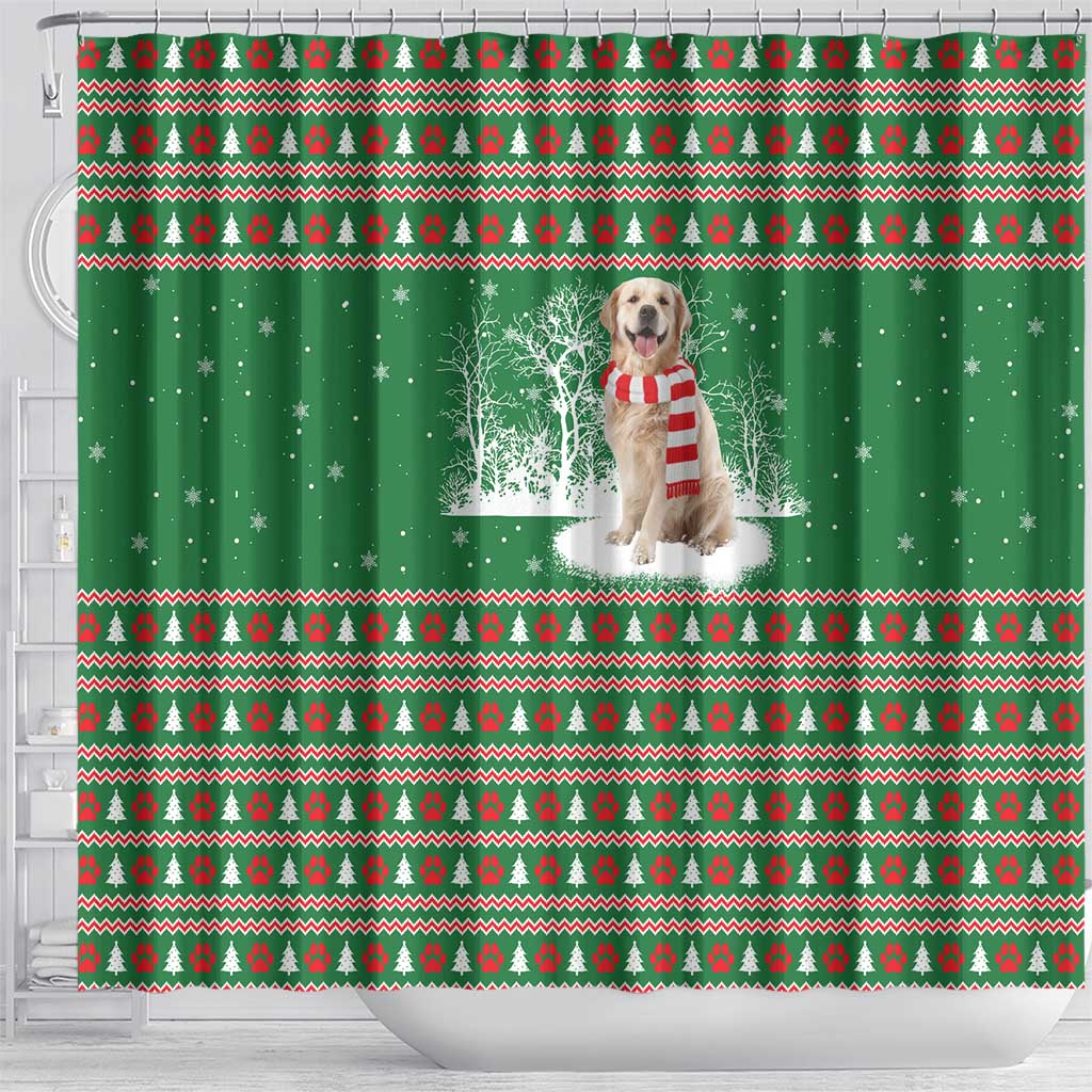 Golden Retriever Christmas Shower Curtain with Red Scarf Snowflakes and Tree Pattern - Wonder Print Shop