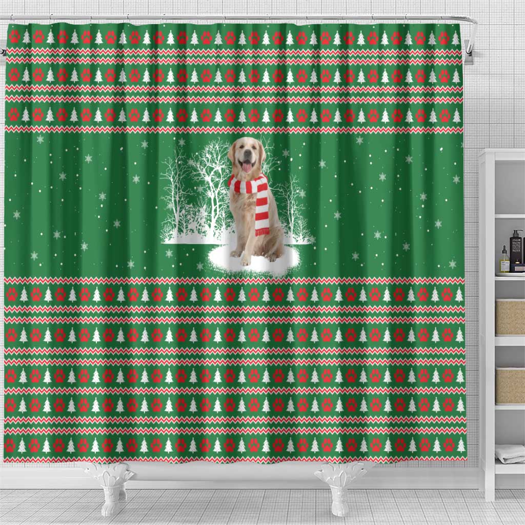 Golden Retriever Christmas Shower Curtain with Red Scarf Snowflakes and Tree Pattern - Wonder Print Shop