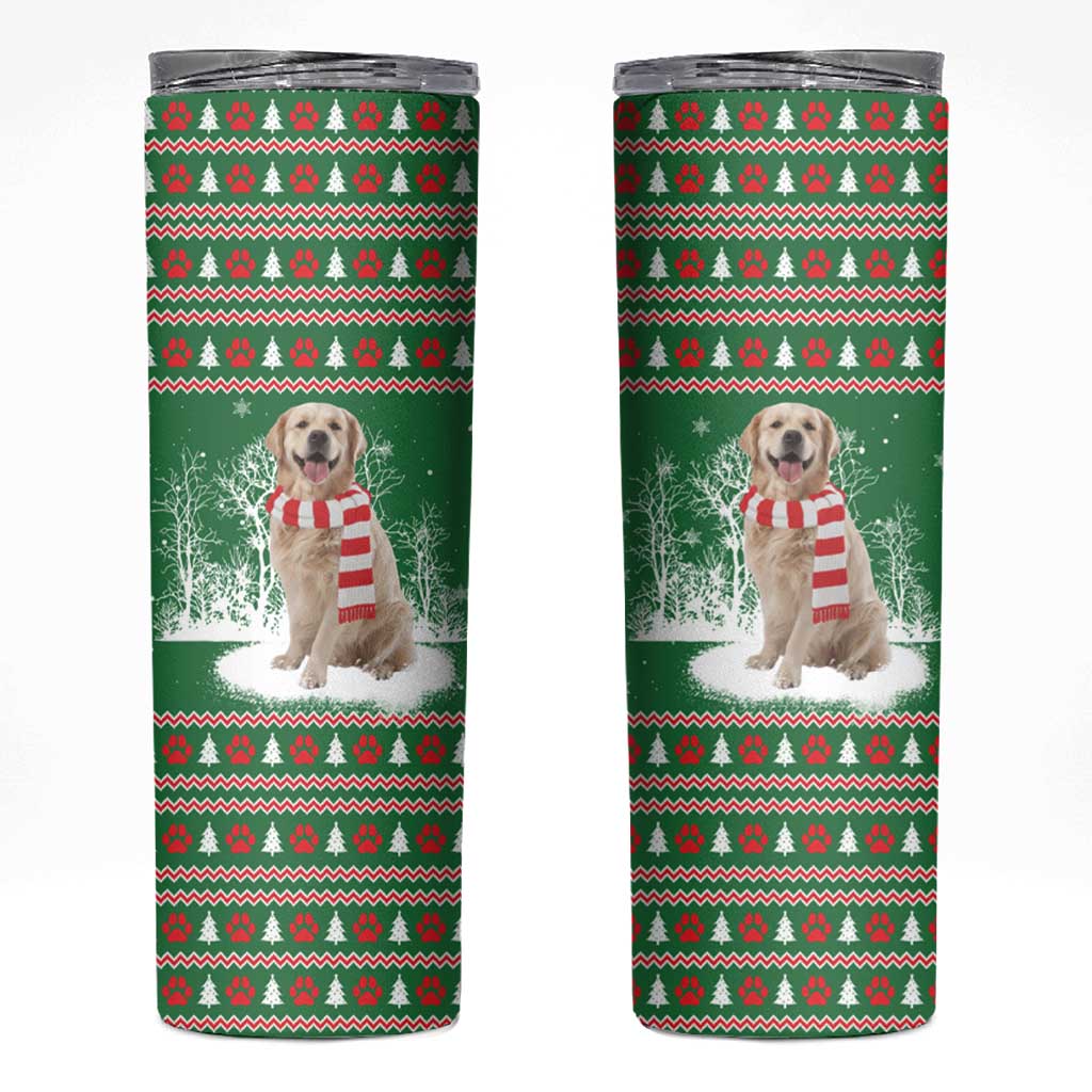 Golden Retriever Christmas Skinny Tumbler with Red Scarf Snowflakes and Tree Pattern - Wonder Print Shop