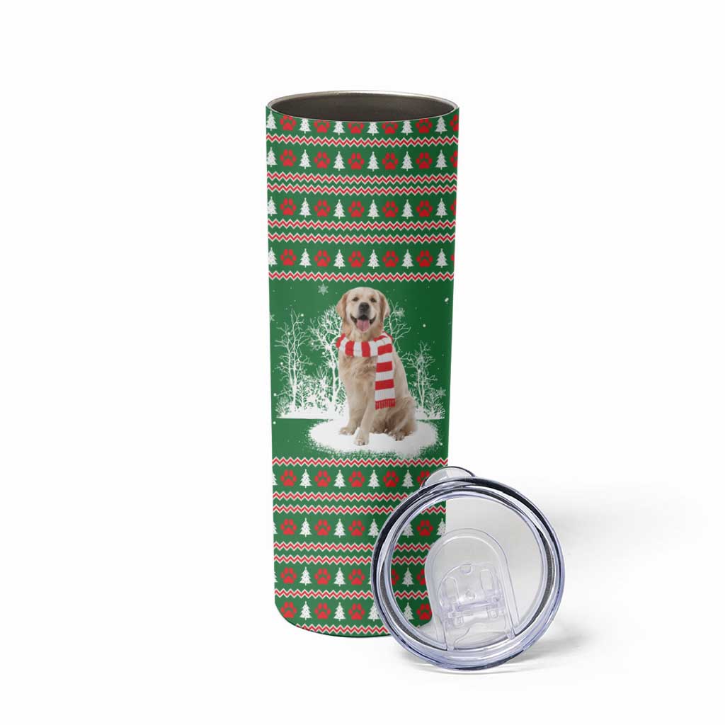 Golden Retriever Christmas Skinny Tumbler with Red Scarf Snowflakes and Tree Pattern - Wonder Print Shop