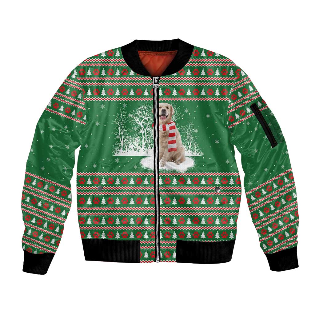 Golden Retriever Christmas Sleeve Zip Bomber Jacket with Red Scarf Snowflakes and Tree Pattern - Wonder Print Shop