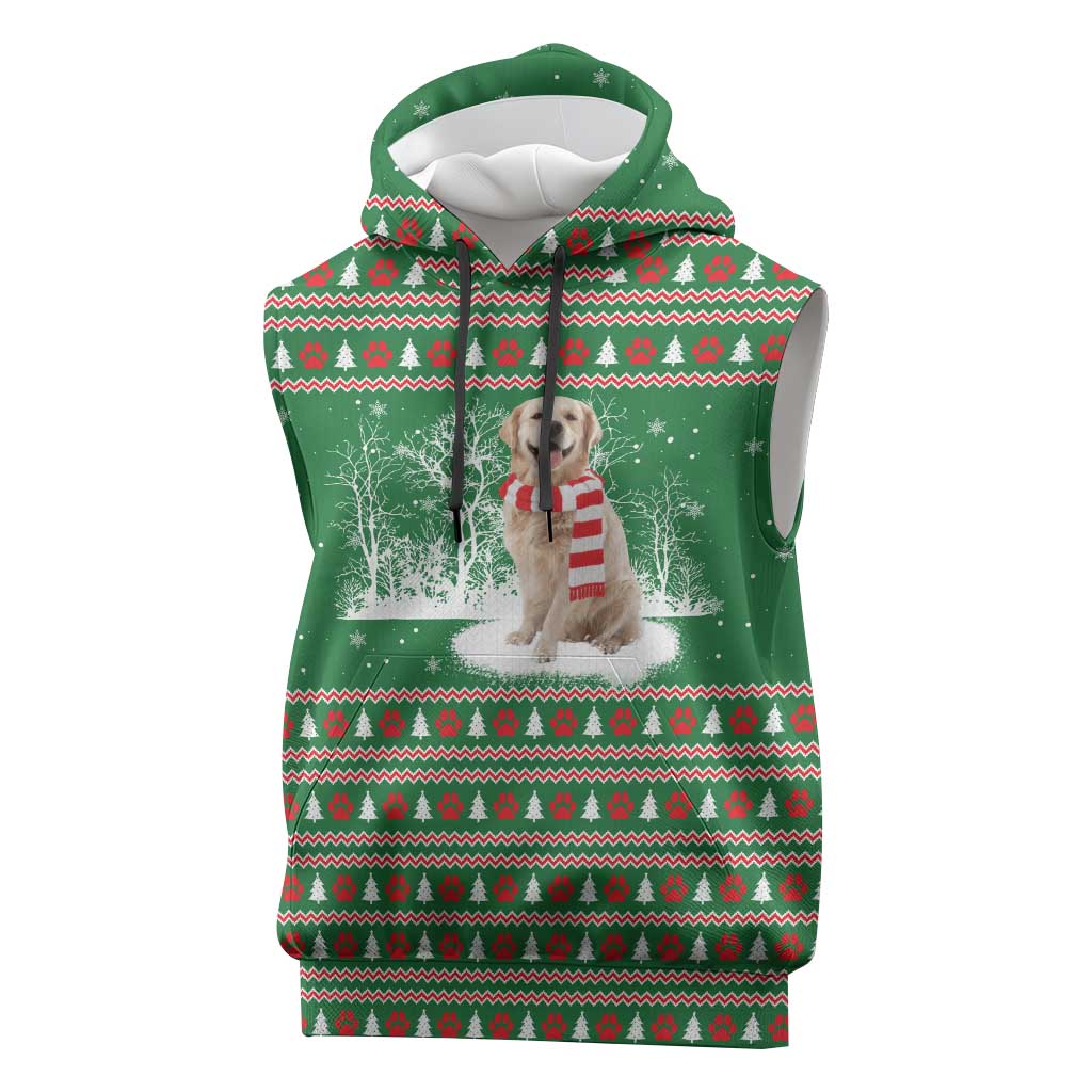 Golden Retriever Christmas Sleeveless Hoodie with Red Scarf Snowflakes and Tree Pattern - Wonder Print Shop