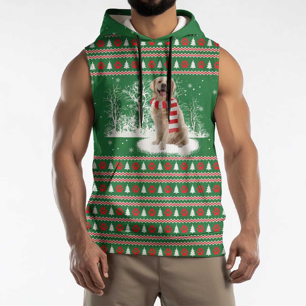 Golden Retriever Christmas Sleeveless Hoodie with Red Scarf Snowflakes and Tree Pattern - Wonder Print Shop
