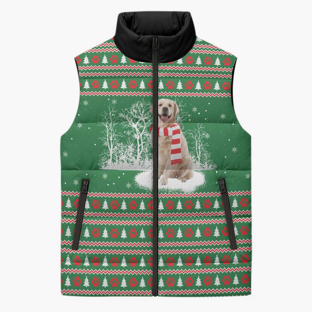 Golden Retriever Christmas Sleeveless Puffer Jacket with Red Scarf Snowflakes and Tree Pattern - Wonder Print Shop
