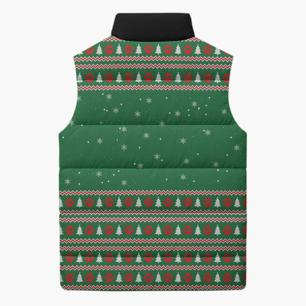 Golden Retriever Christmas Sleeveless Puffer Jacket with Red Scarf Snowflakes and Tree Pattern - Wonder Print Shop