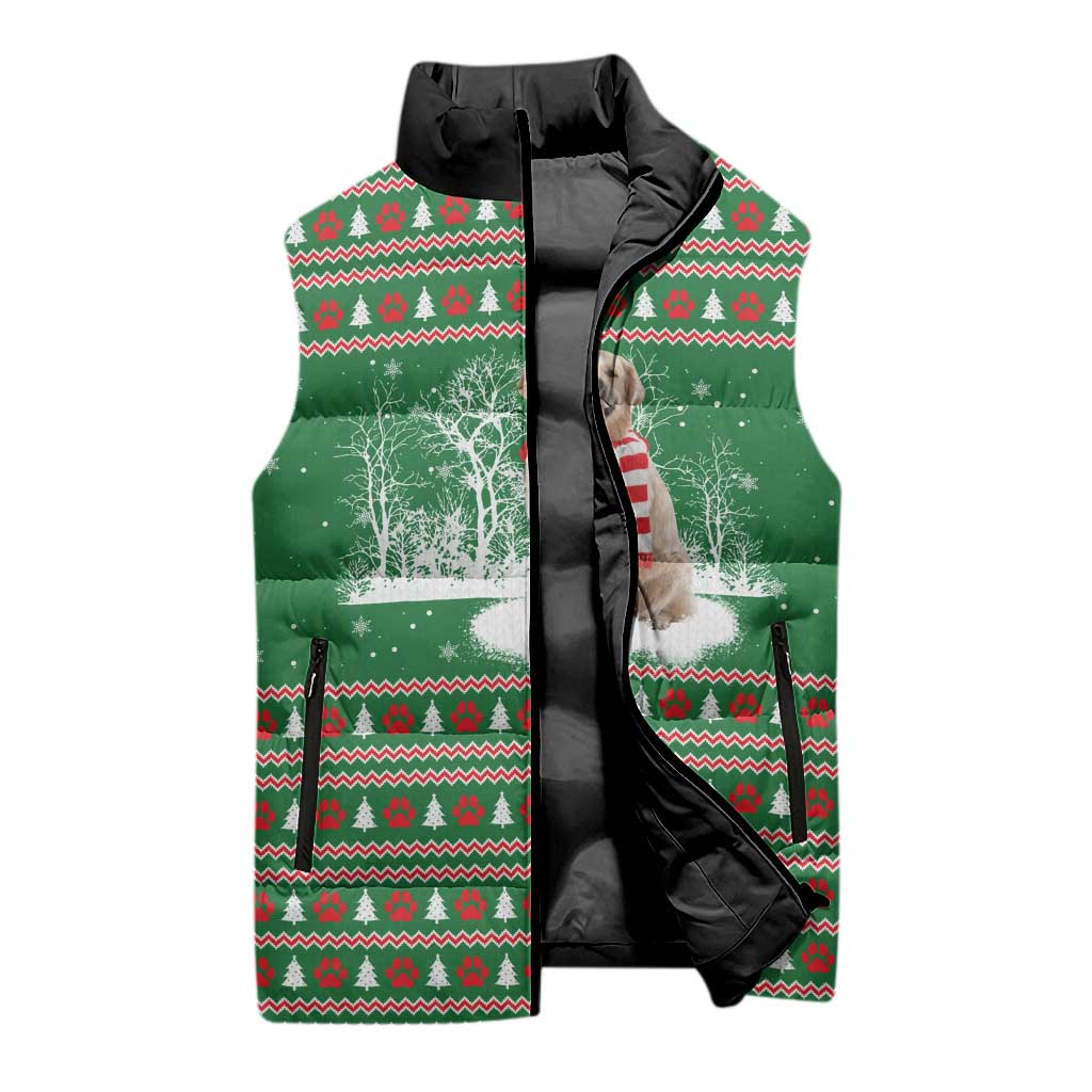 Golden Retriever Christmas Sleeveless Puffer Jacket with Red Scarf Snowflakes and Tree Pattern - Wonder Print Shop