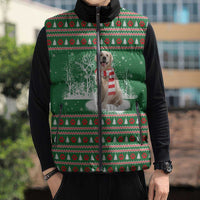 Golden Retriever Christmas Sleeveless Puffer Jacket with Red Scarf Snowflakes and Tree Pattern - Wonder Print Shop
