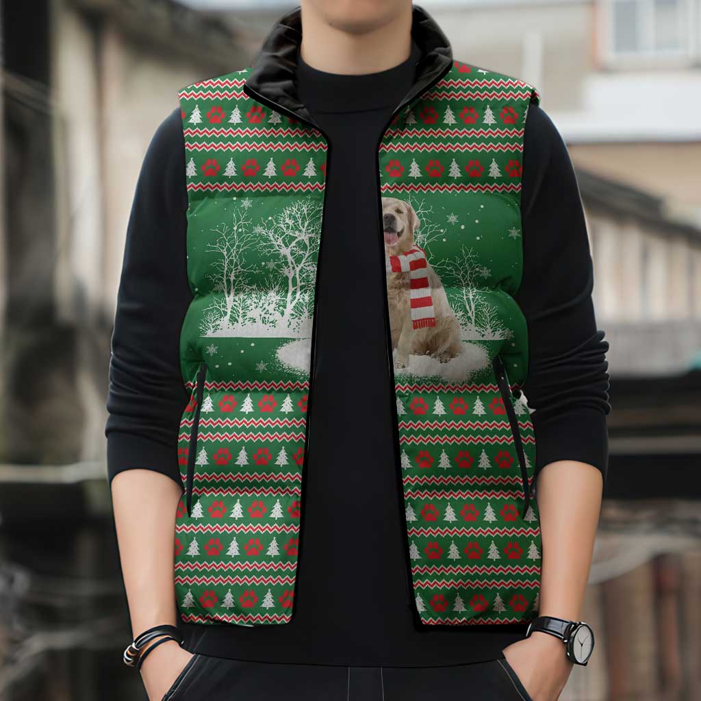 Golden Retriever Christmas Sleeveless Puffer Jacket with Red Scarf Snowflakes and Tree Pattern - Wonder Print Shop