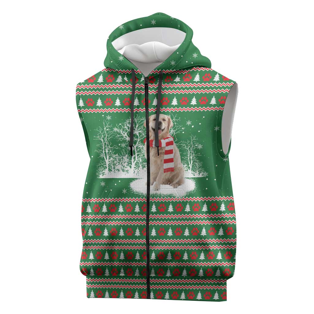 Golden Retriever Christmas Sleeveless Zip Hoodie with Red Scarf Snowflakes and Tree Pattern - Wonder Print Shop