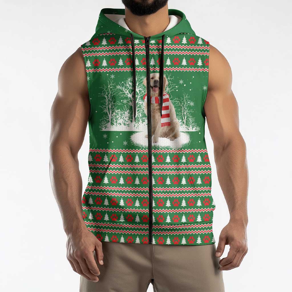 Golden Retriever Christmas Sleeveless Zip Hoodie with Red Scarf Snowflakes and Tree Pattern - Wonder Print Shop