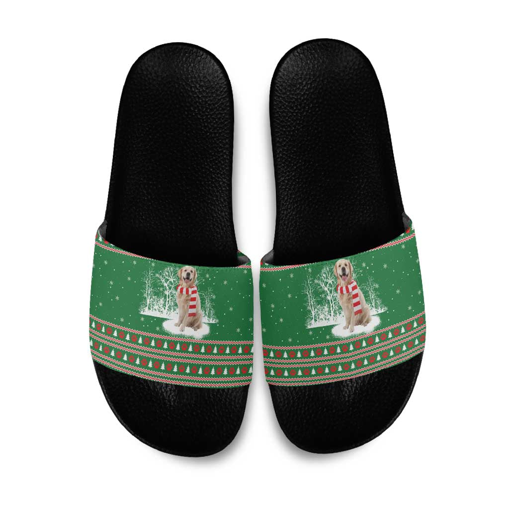 Golden Retriever Christmas Slide Sandals with Red Scarf Snowflakes and Tree Pattern - Wonder Print Shop