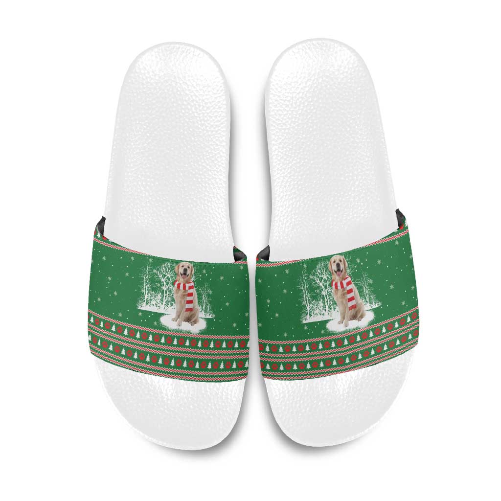 Golden Retriever Christmas Slide Sandals with Red Scarf Snowflakes and Tree Pattern - Wonder Print Shop