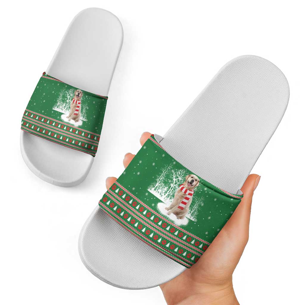 Golden Retriever Christmas Slide Sandals with Red Scarf Snowflakes and Tree Pattern - Wonder Print Shop