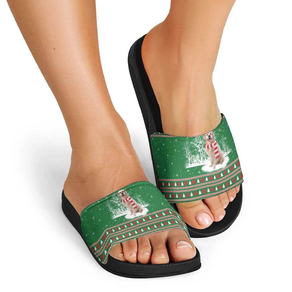 Golden Retriever Christmas Slide Sandals with Red Scarf Snowflakes and Tree Pattern - Wonder Print Shop