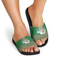 Golden Retriever Christmas Slide Sandals with Red Scarf Snowflakes and Tree Pattern - Wonder Print Shop