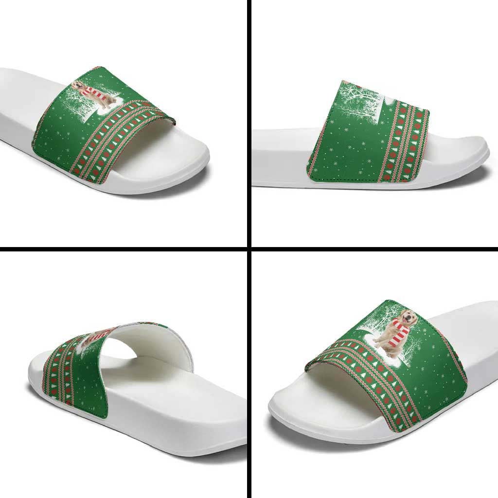 Golden Retriever Christmas Slide Sandals with Red Scarf Snowflakes and Tree Pattern - Wonder Print Shop