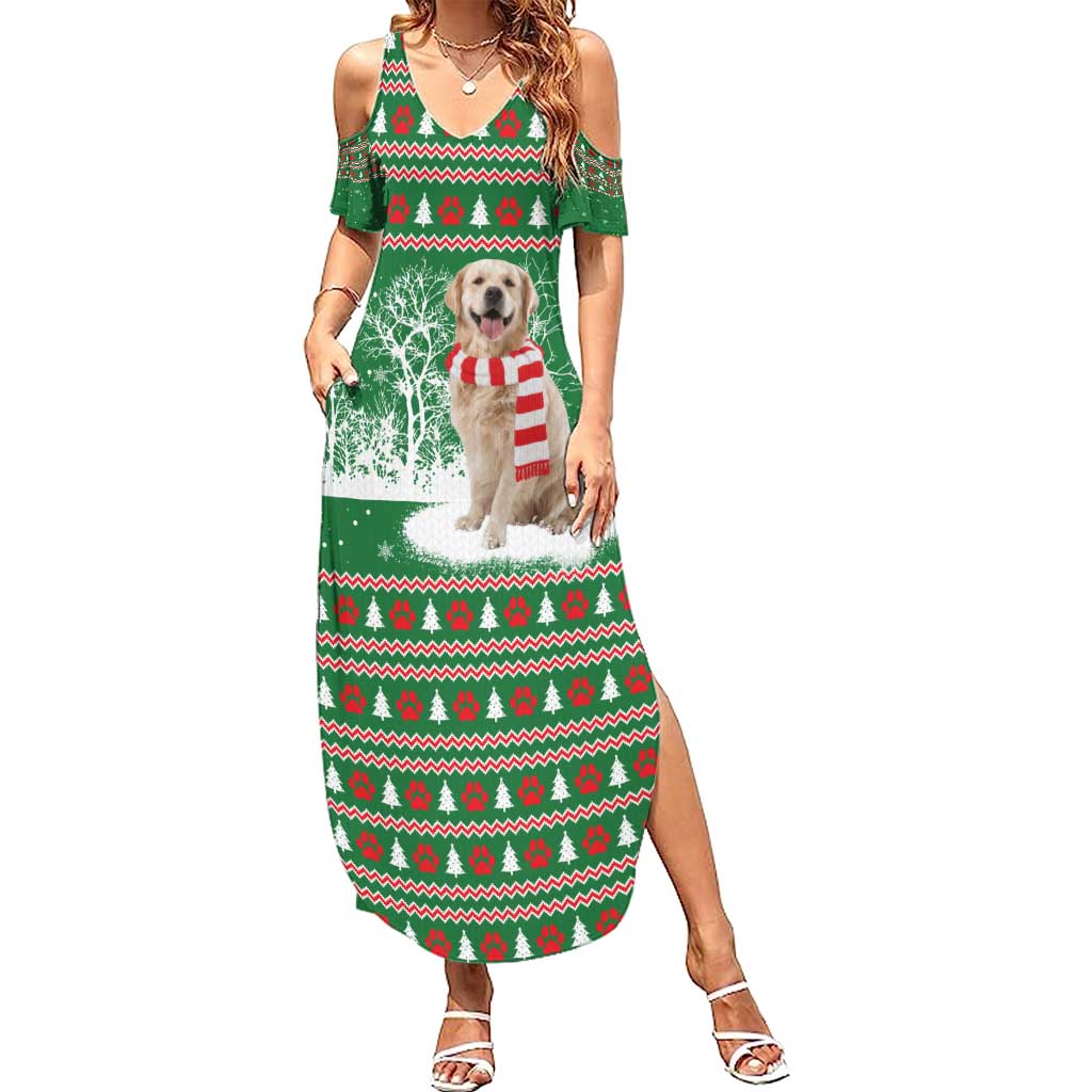 Golden Retriever Christmas Summer Maxi Dress with Red Scarf Snowflakes and Tree Pattern - Wonder Print Shop