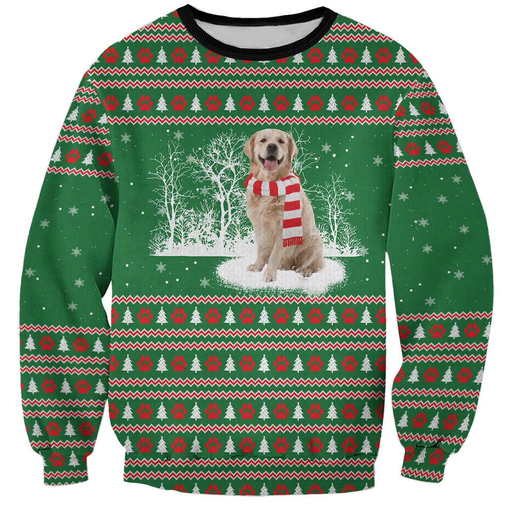 Golden Retriever Christmas Sweatshirt with Red Scarf Snowflakes and Tree Pattern - undefined
