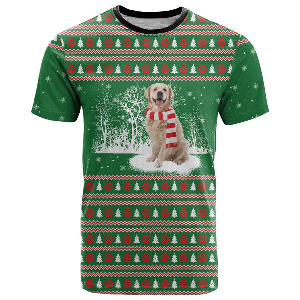 Golden Retriever Christmas T Shirt with Red Scarf Snowflakes and Tree Pattern - Wonder Print Shop