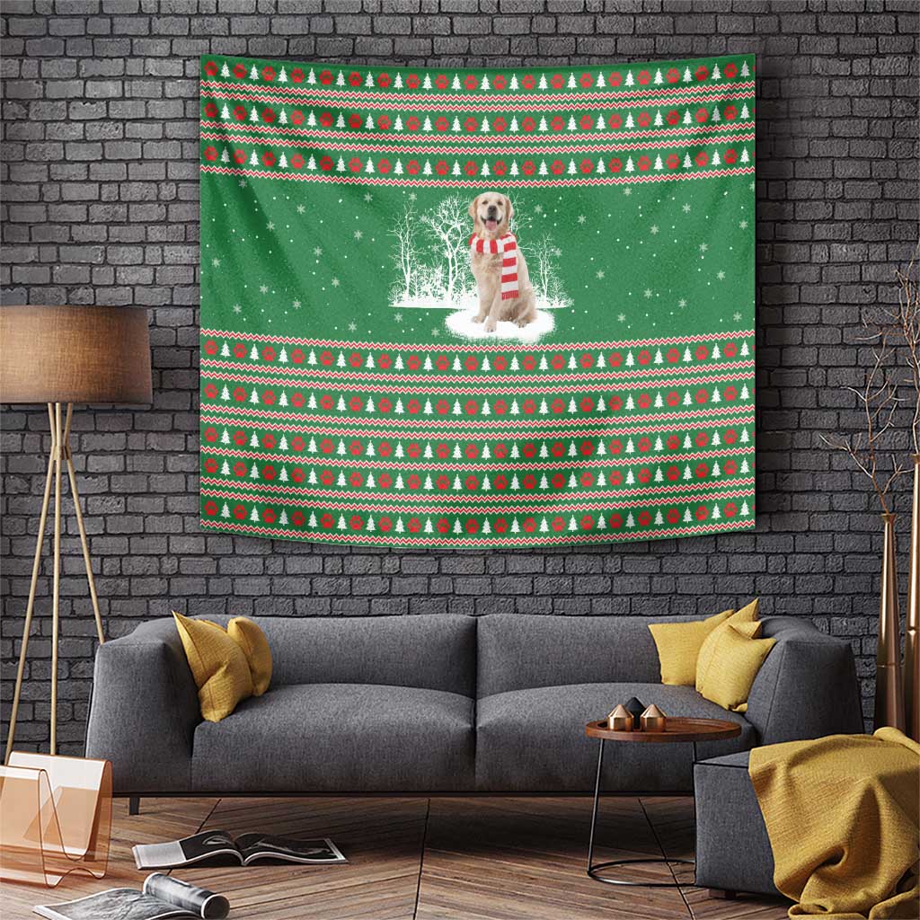 Golden Retriever Christmas Tapestry with Red Scarf Snowflakes and Tree Pattern - Wonder Print Shop