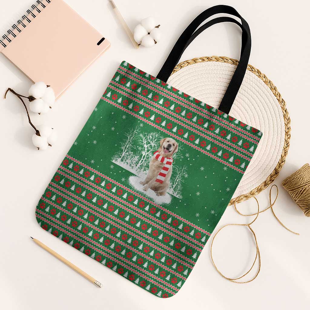Golden Retriever Christmas Tote Bag with Red Scarf Snowflakes and Tree Pattern - Wonder Print Shop