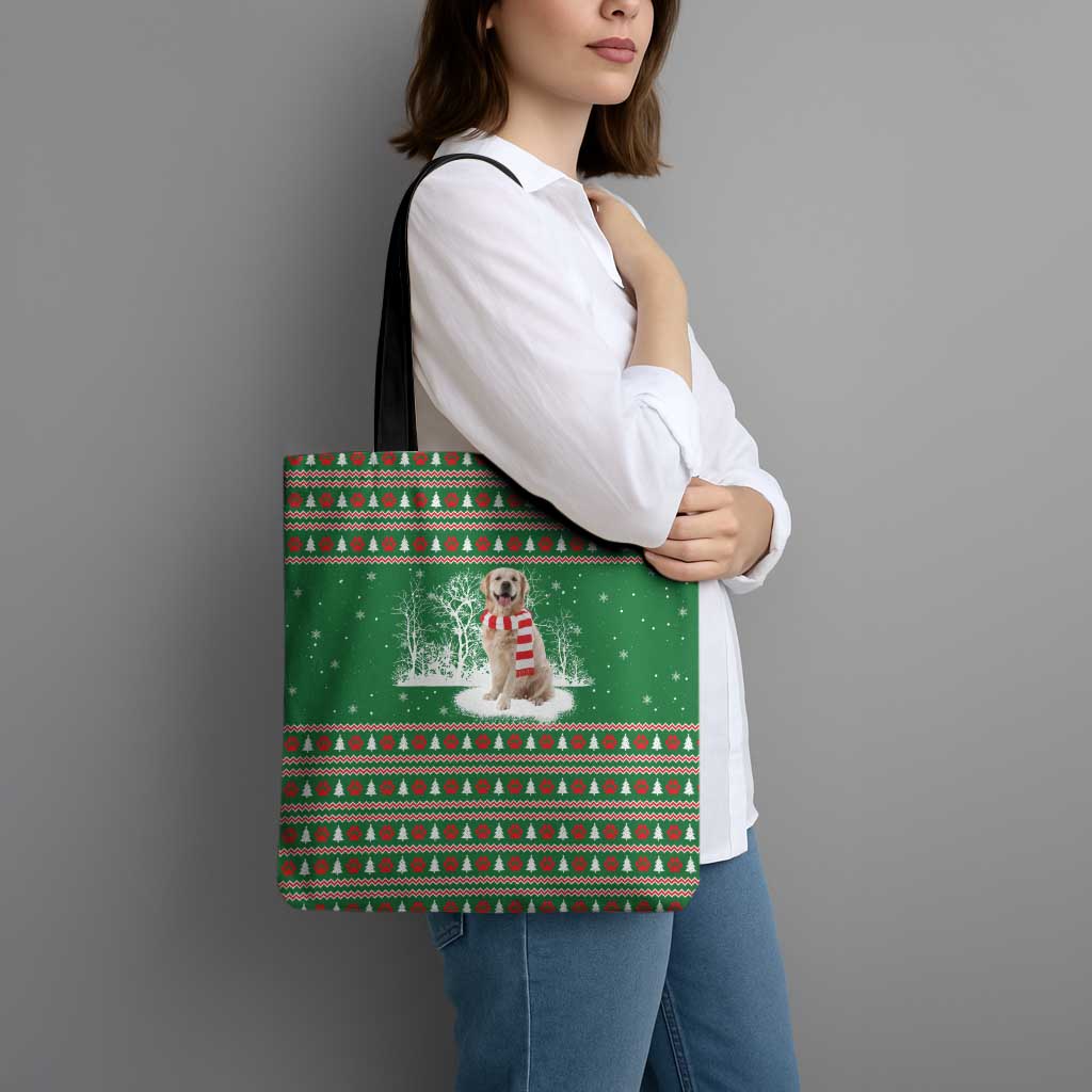 Golden Retriever Christmas Tote Bag with Red Scarf Snowflakes and Tree Pattern - Wonder Print Shop