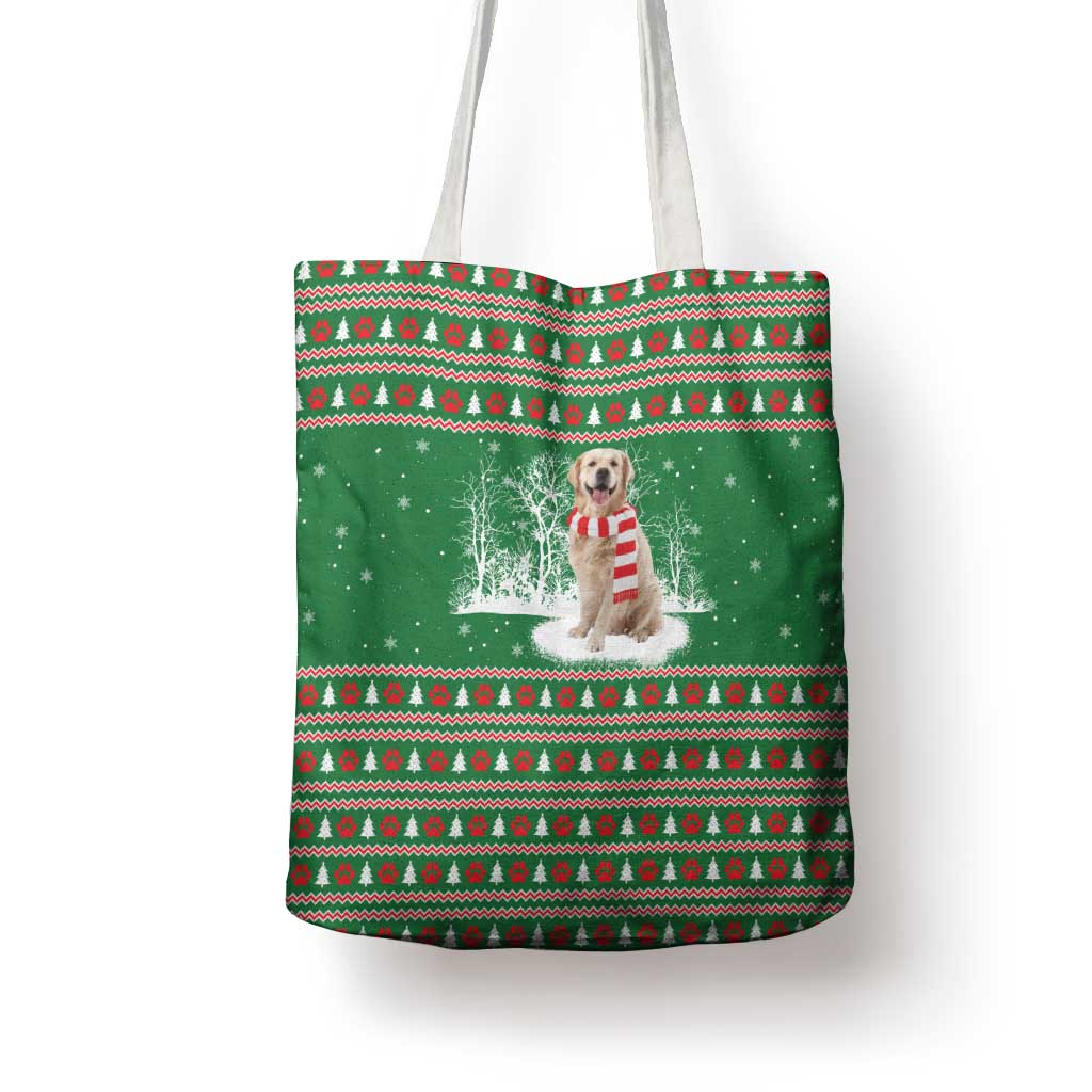 Golden Retriever Christmas Tote Bag with Red Scarf Snowflakes and Tree Pattern - Wonder Print Shop