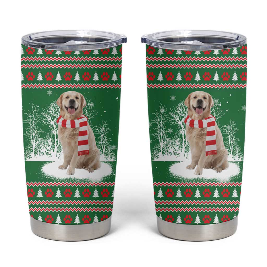 Golden Retriever Christmas Tumbler Cup with Red Scarf Snowflakes and Tree Pattern - Wonder Print Shop