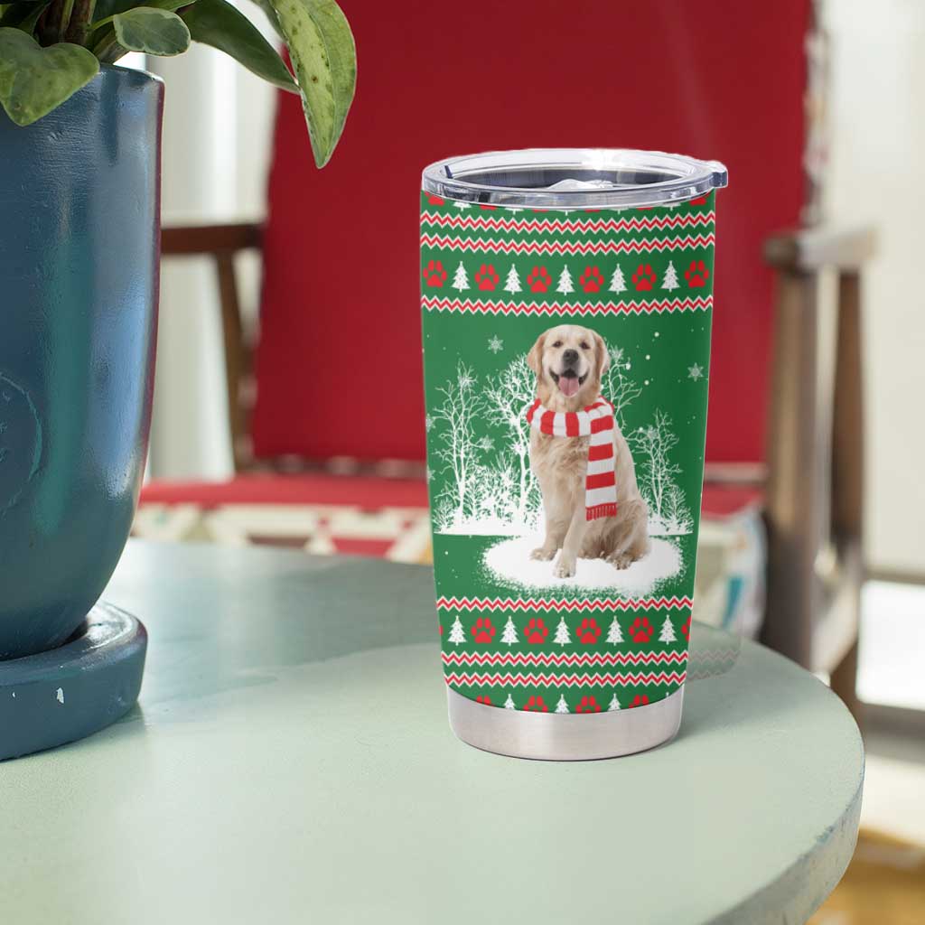 Golden Retriever Christmas Tumbler Cup with Red Scarf Snowflakes and Tree Pattern - Wonder Print Shop