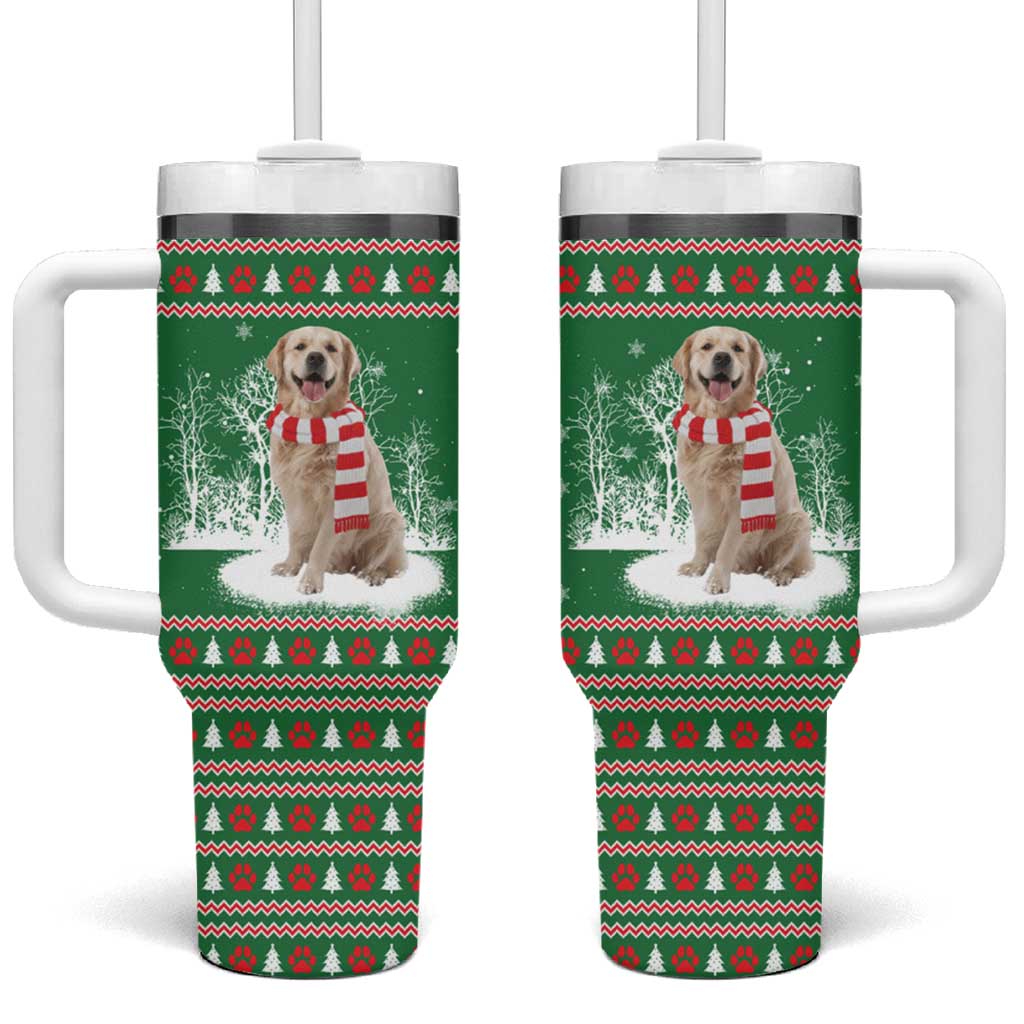Golden Retriever Christmas Tumbler With Handle with Red Scarf Snowflakes and Tree Pattern - Wonder Print Shop