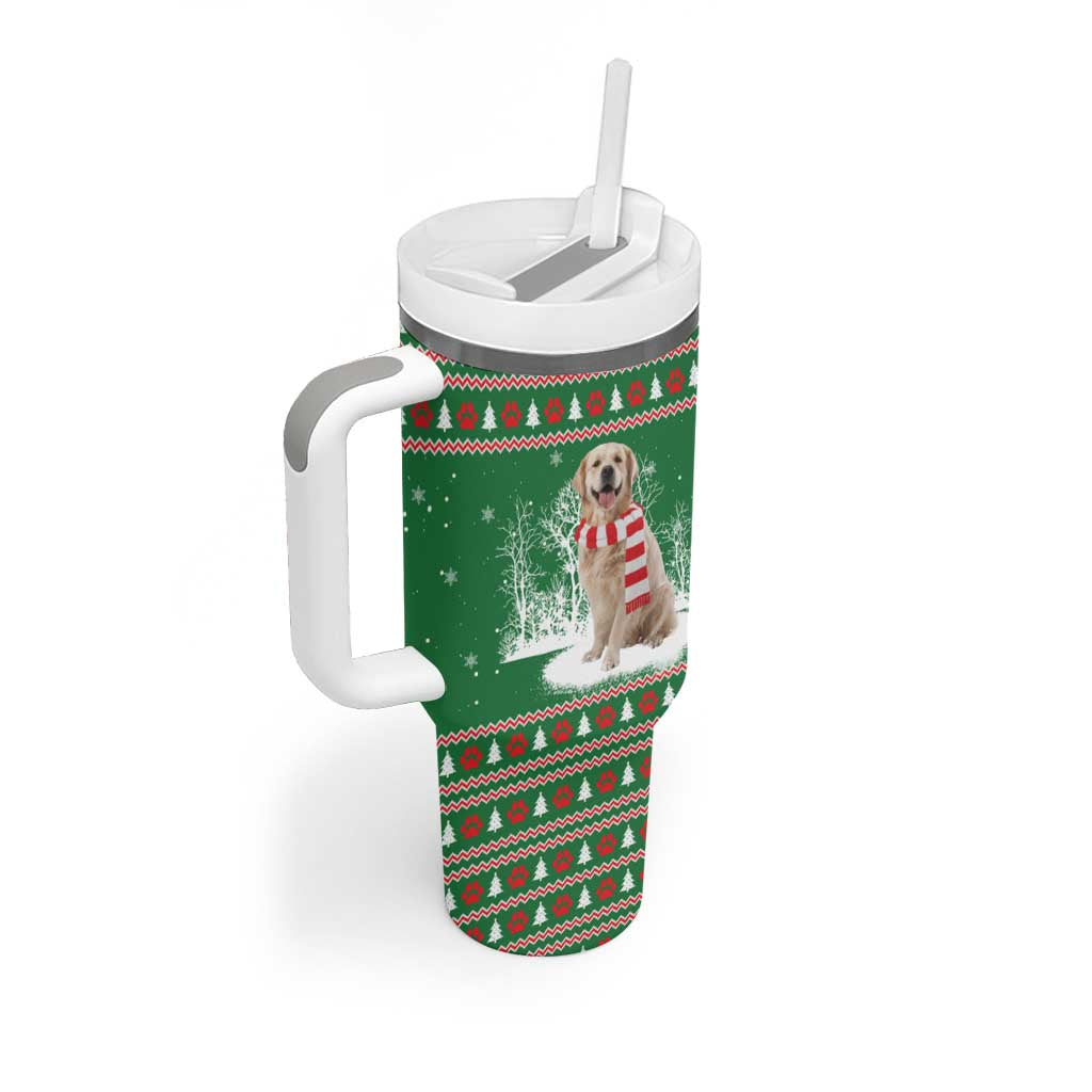 Golden Retriever Christmas Tumbler With Handle with Red Scarf Snowflakes and Tree Pattern - Wonder Print Shop