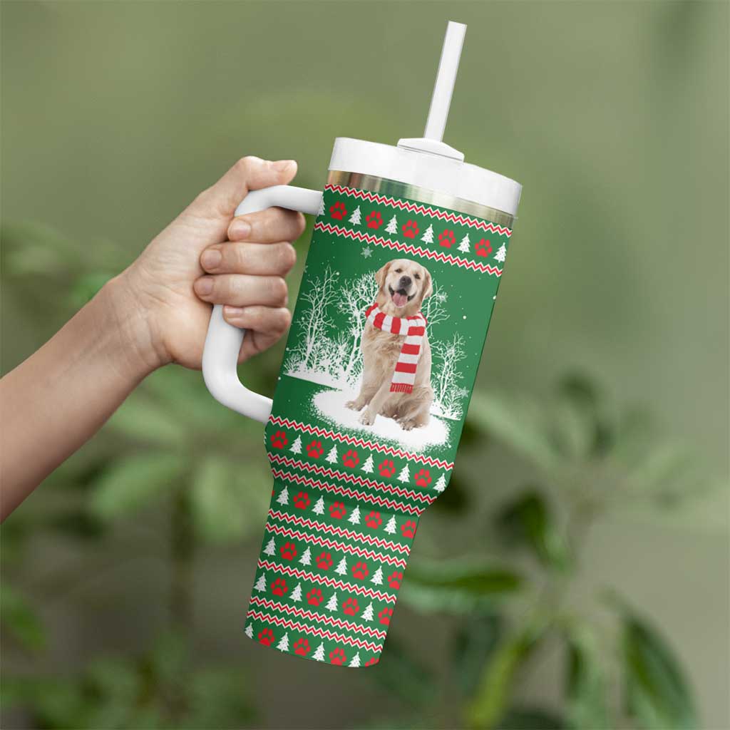 Golden Retriever Christmas Tumbler With Handle with Red Scarf Snowflakes and Tree Pattern - Wonder Print Shop