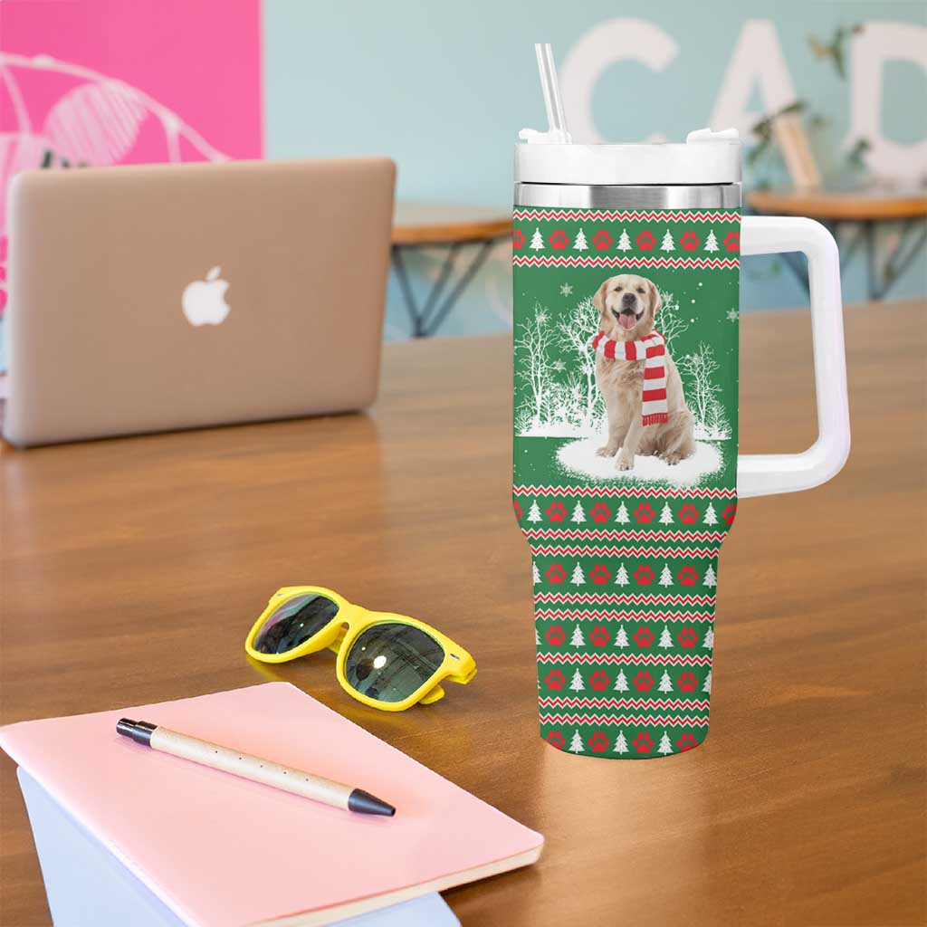 Golden Retriever Christmas Tumbler With Handle with Red Scarf Snowflakes and Tree Pattern - Wonder Print Shop