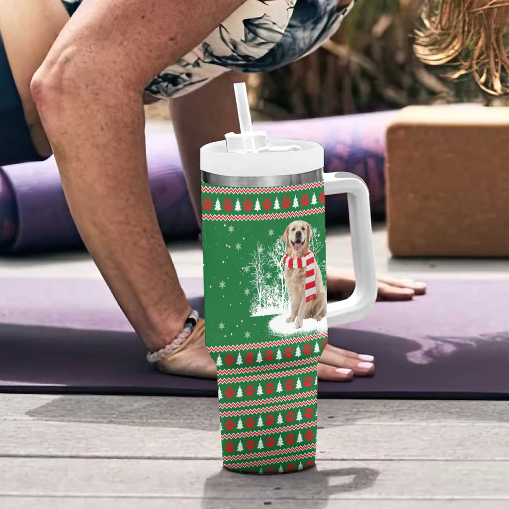 Golden Retriever Christmas Tumbler With Handle with Red Scarf Snowflakes and Tree Pattern - Wonder Print Shop