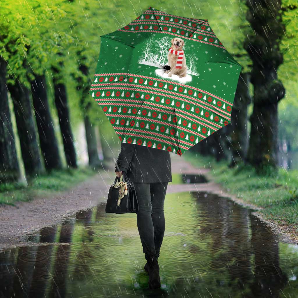 Golden Retriever Christmas Umbrella with Red Scarf Snowflakes and Tree Pattern - Wonder Print Shop
