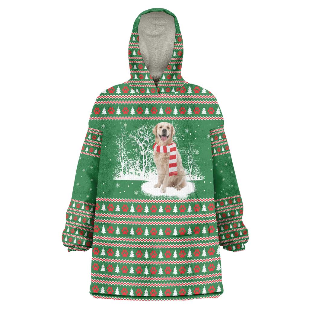 Golden Retriever Christmas Wearable Blanket Hoodie with Red Scarf Snowflakes and Tree Pattern - Wonder Print Shop