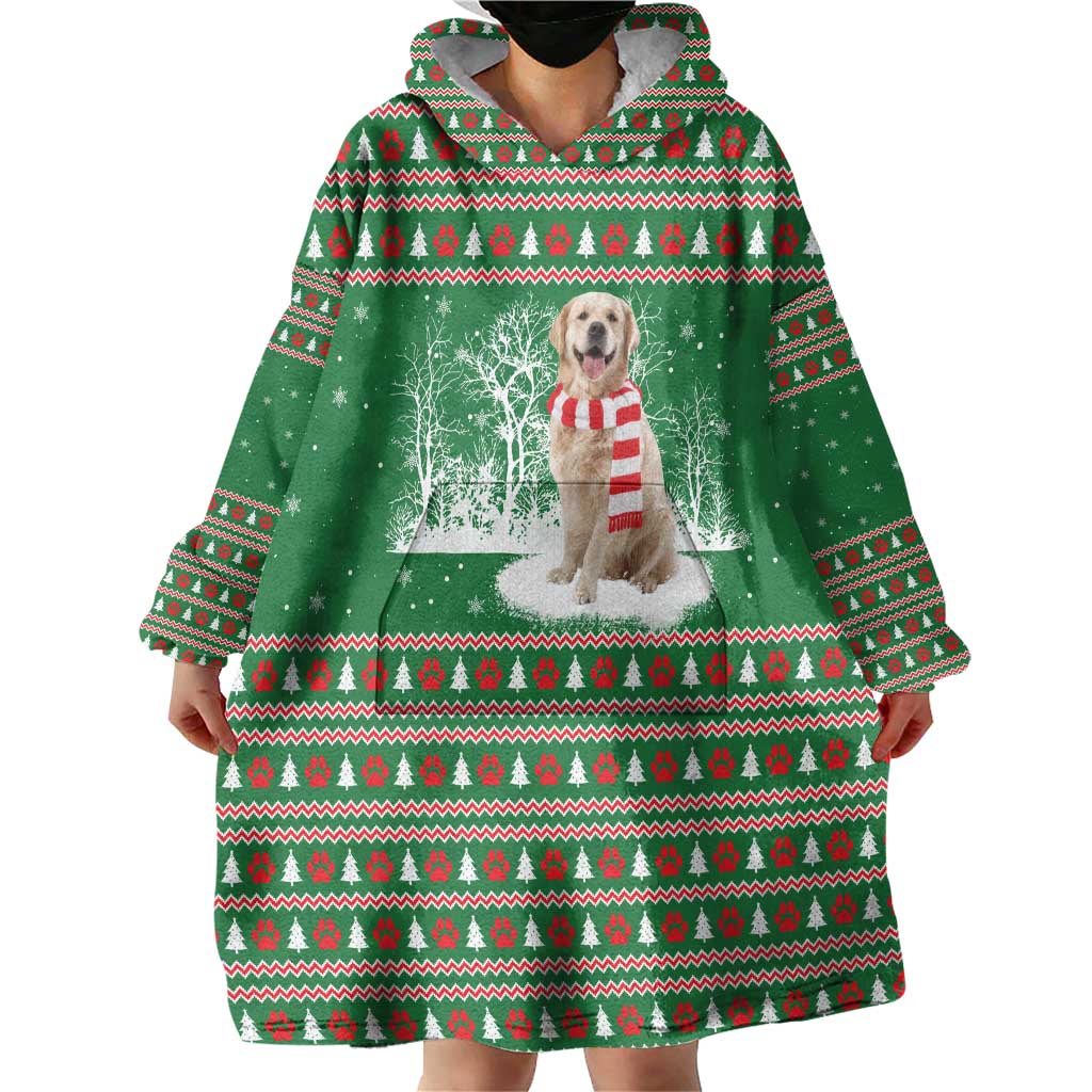 Golden Retriever Christmas Wearable Blanket Hoodie with Red Scarf Snowflakes and Tree Pattern - Wonder Print Shop