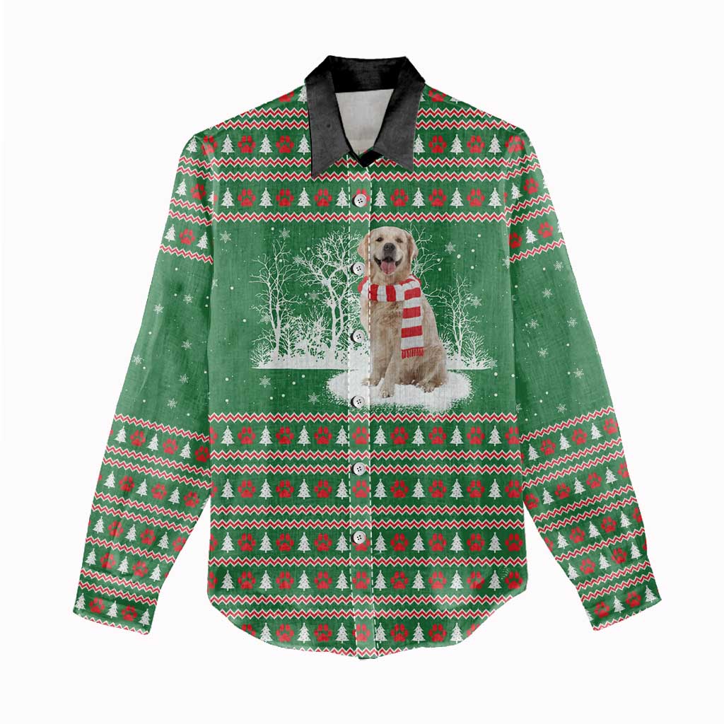 Golden Retriever Christmas Women Casual Shirt with Red Scarf Snowflakes and Tree Pattern - Wonder Print Shop