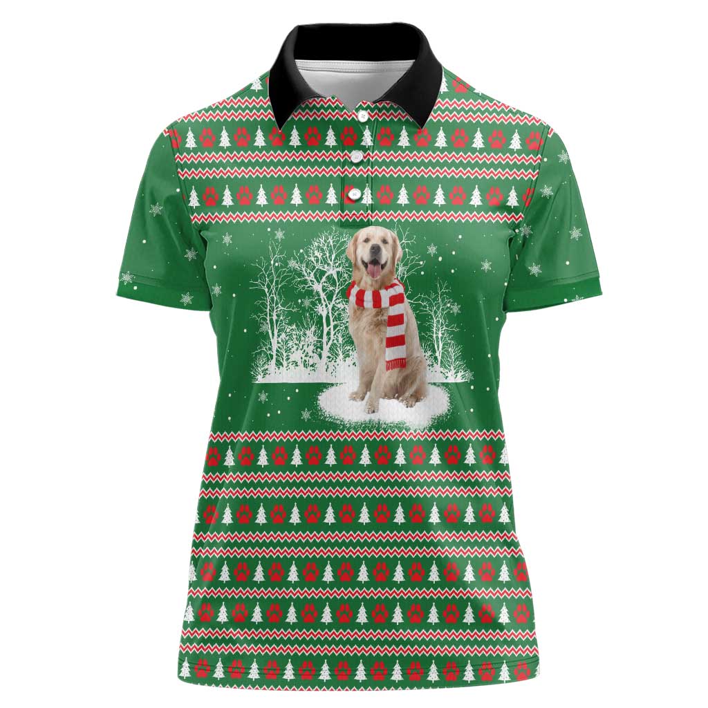 Golden Retriever Christmas Women Polo Shirt with Red Scarf Snowflakes and Tree Pattern - Wonder Print Shop