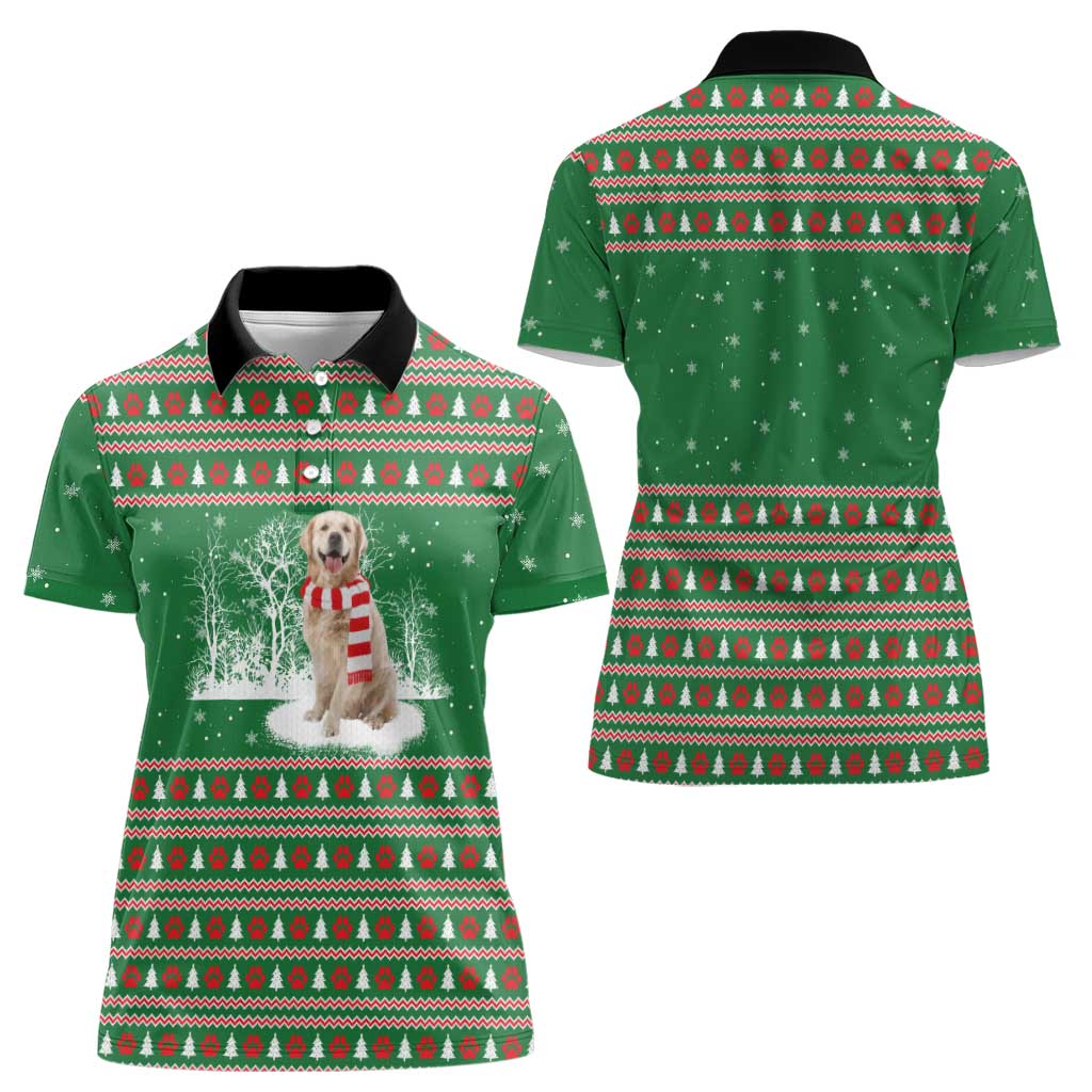 Golden Retriever Christmas Women Polo Shirt with Red Scarf Snowflakes and Tree Pattern - Wonder Print Shop
