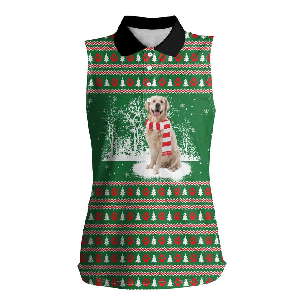 Golden Retriever Christmas Women Sleeveless Polo Shirt with Red Scarf Snowflakes and Tree Pattern - Wonder Print Shop