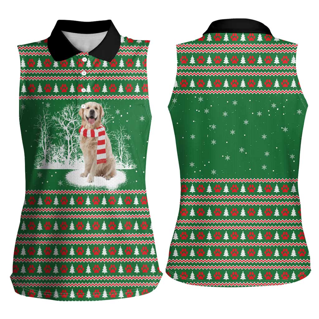 Golden Retriever Christmas Women Sleeveless Polo Shirt with Red Scarf Snowflakes and Tree Pattern - Wonder Print Shop