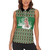 Golden Retriever Christmas Women Sleeveless Polo Shirt with Red Scarf Snowflakes and Tree Pattern - Wonder Print Shop